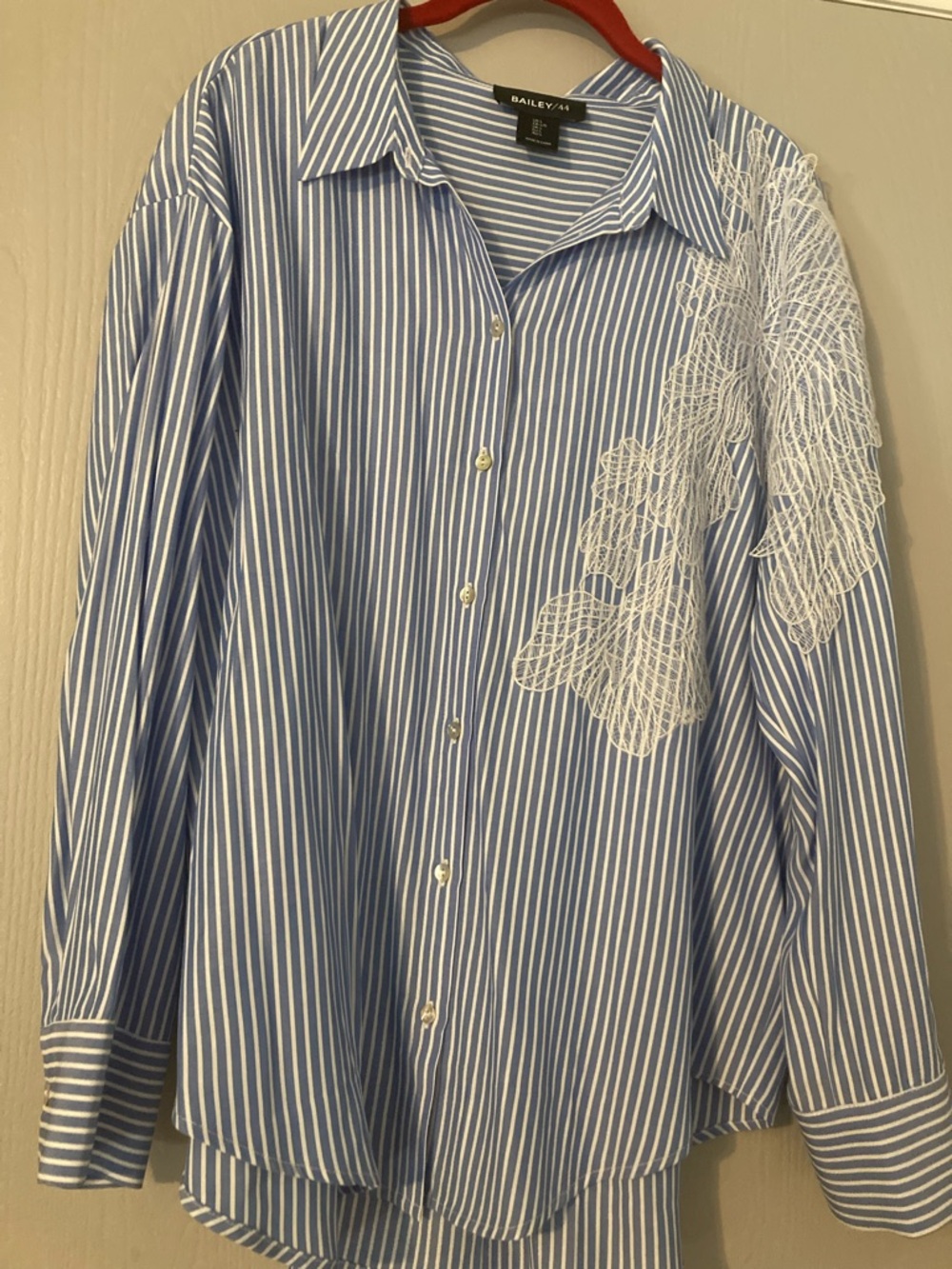 Bailey 44 Blue & White Striped Button-Down Shirt with White Lace Applique NWT
